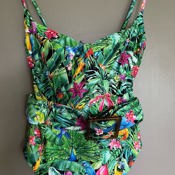 NWT Weworewhat Danielle One Piece Swimsuit Palm Green Size XS Tropical Belted - Picture 9 of 16